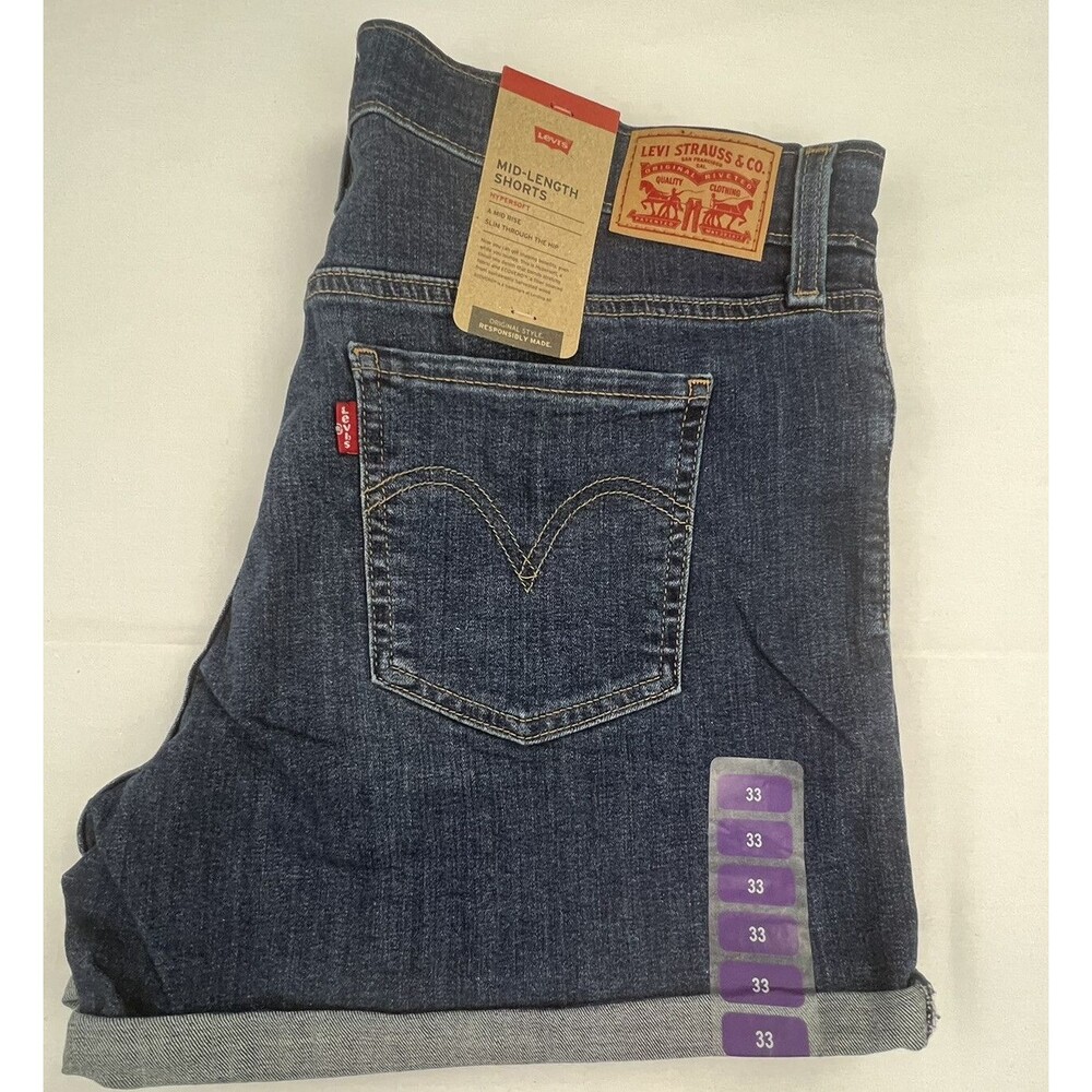 Levis Womens Dark Wash Mid Length Blue Denim Jean Shorts NWT MSRP $49.50 Size 16